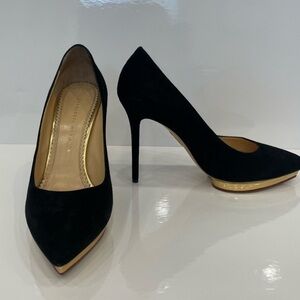 Charlotte Olympia Black and Gold Heels
